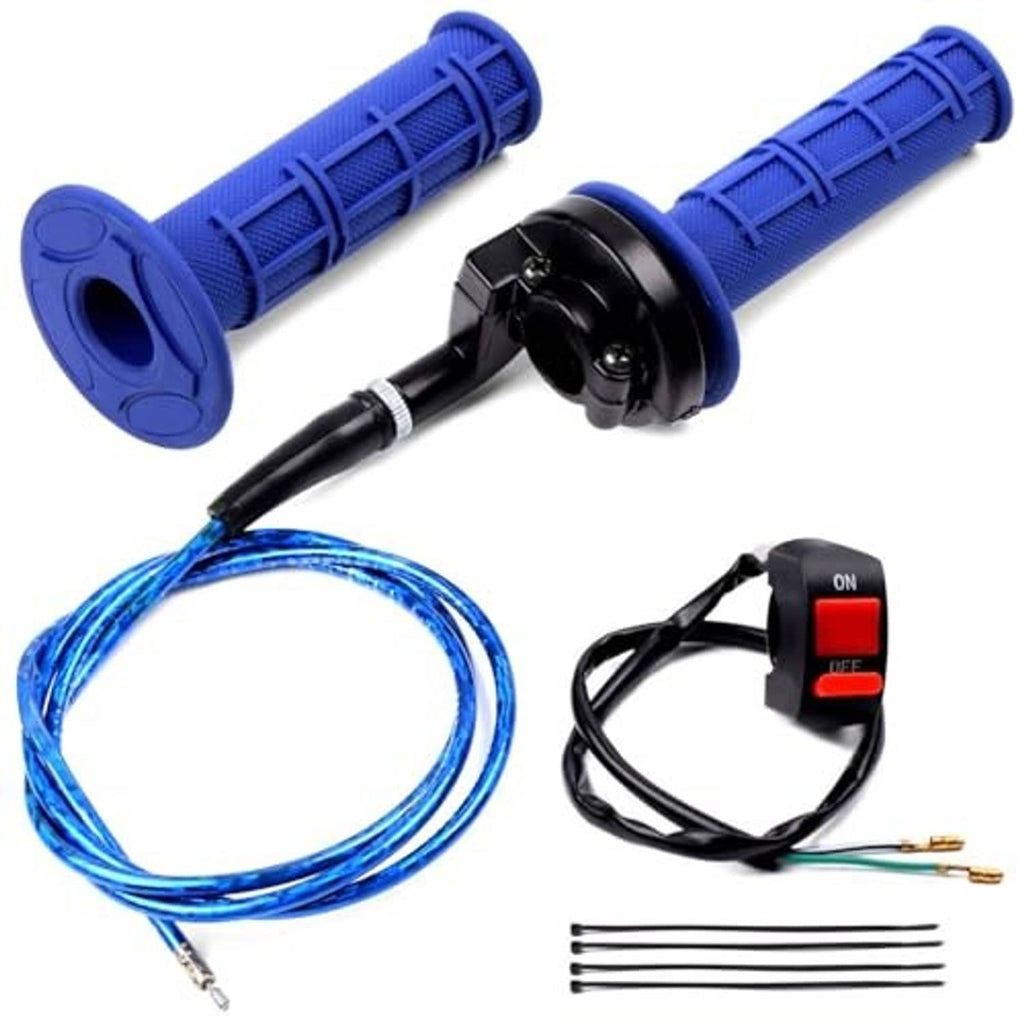 Blue throttle grips with black cable clamp and ON/OFF switch button, wiring and leads