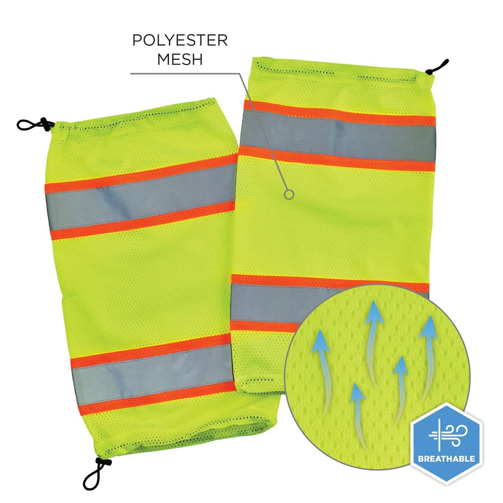 Pair of lime mesh leg gaiters with orange reflective stripes, drawstring cuffs
