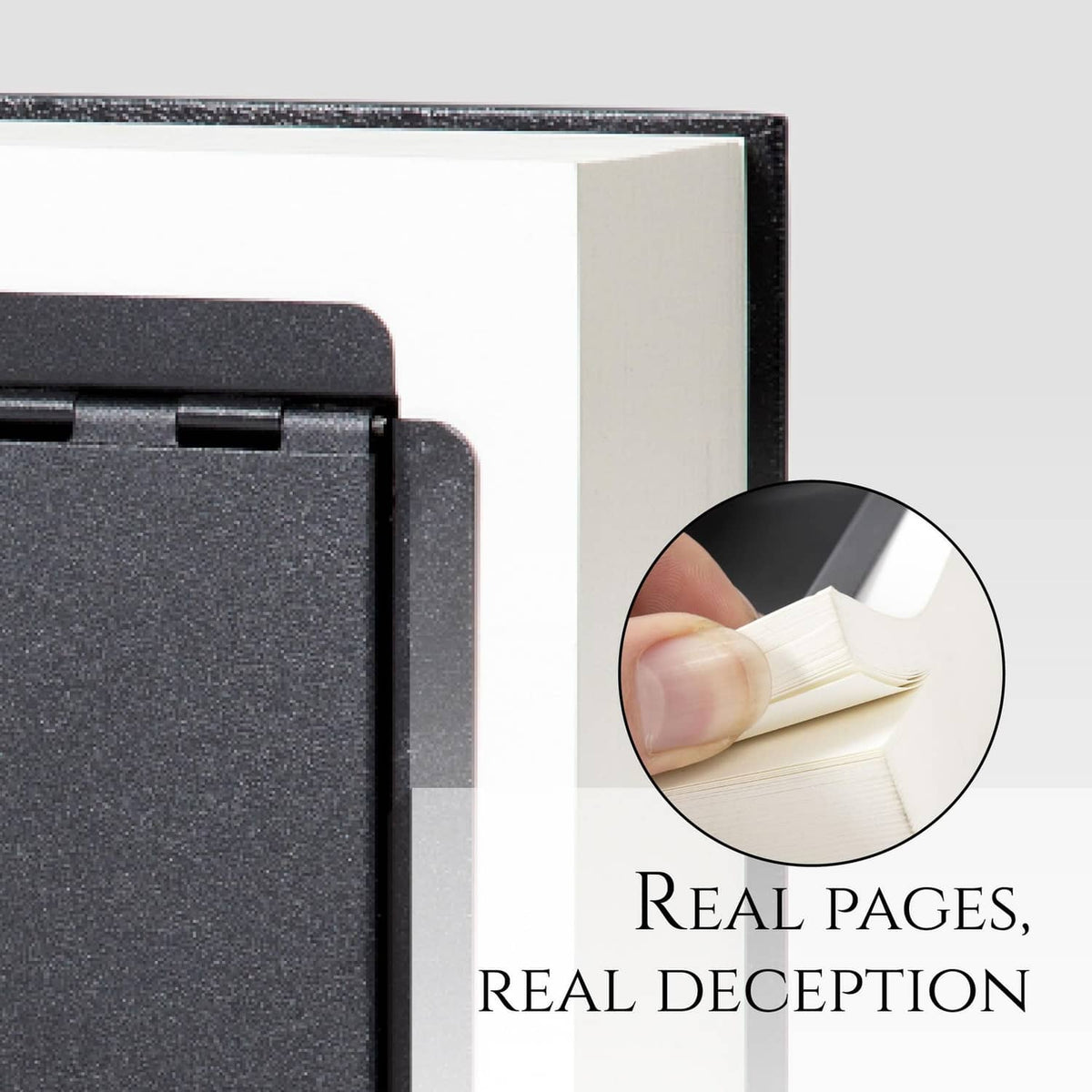 Book safe slot with dark cover, showing combination lock and pages