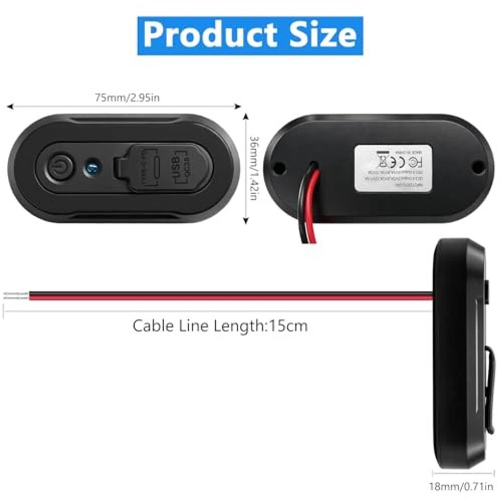 USB outlet panel size diagram showing USB-C/USB ports, cable length 15cm and 18mm depth