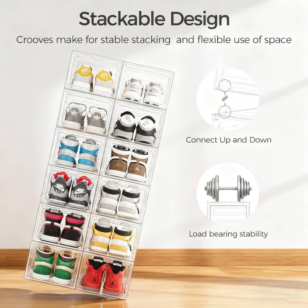 Stackable clear shoe storage organizer with multiple cubby rows for pairs of shoes