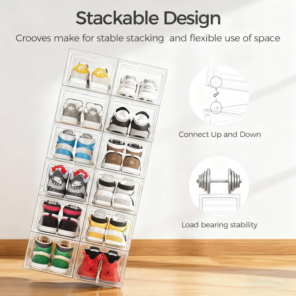 Stackable clear shoe storage organizer with multiple cubby rows for pairs of shoes