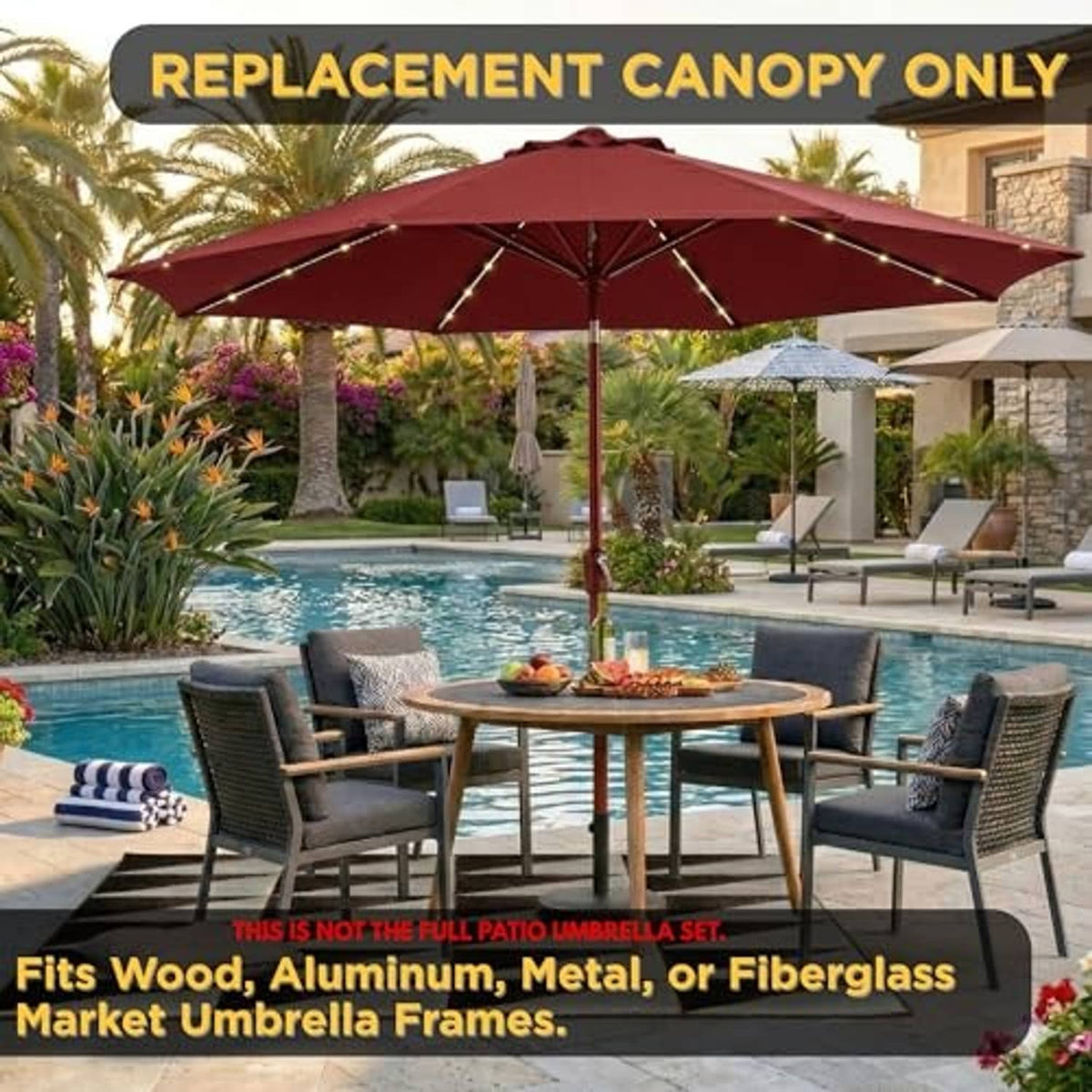 Scarlet replacement umbrella canopy mounted on an outdoor stand above a patio table.