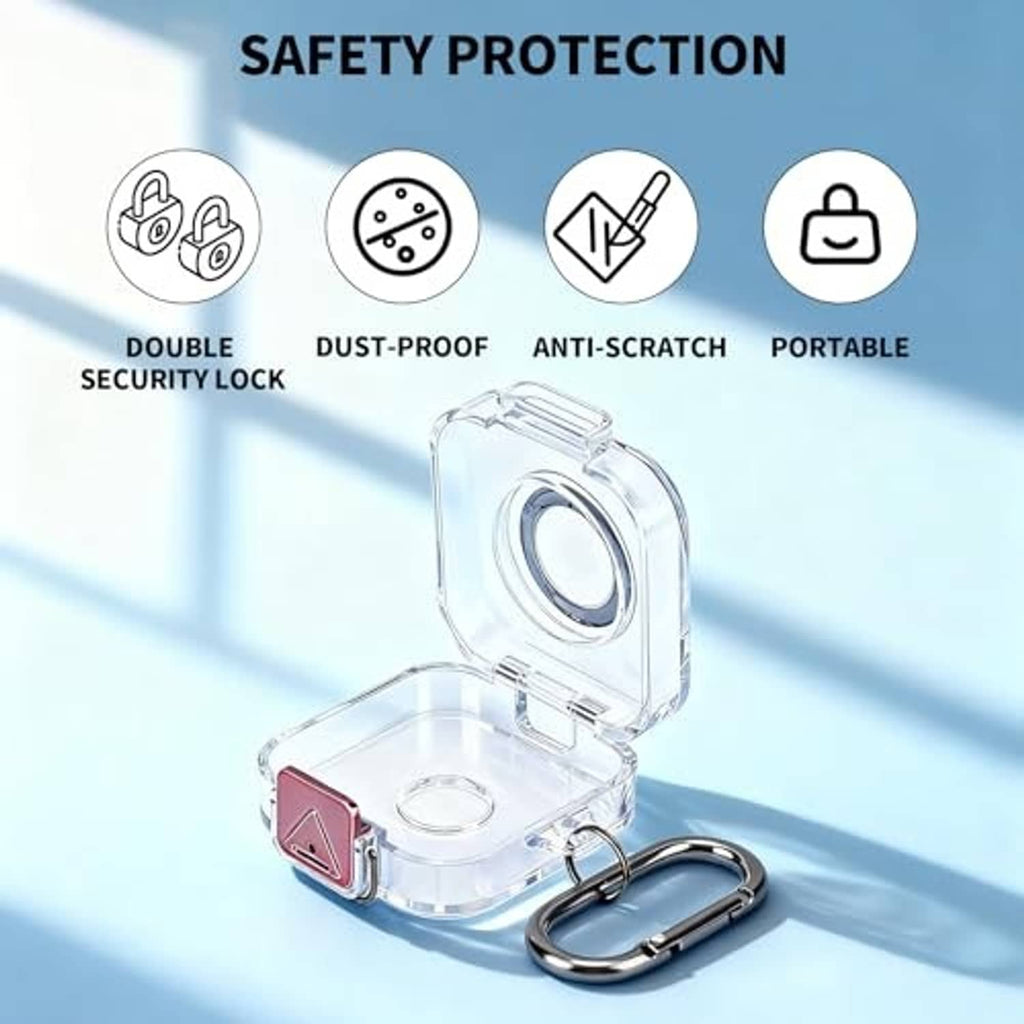 Transparent charger case with carabiner keychain; red charging contact and ring recess