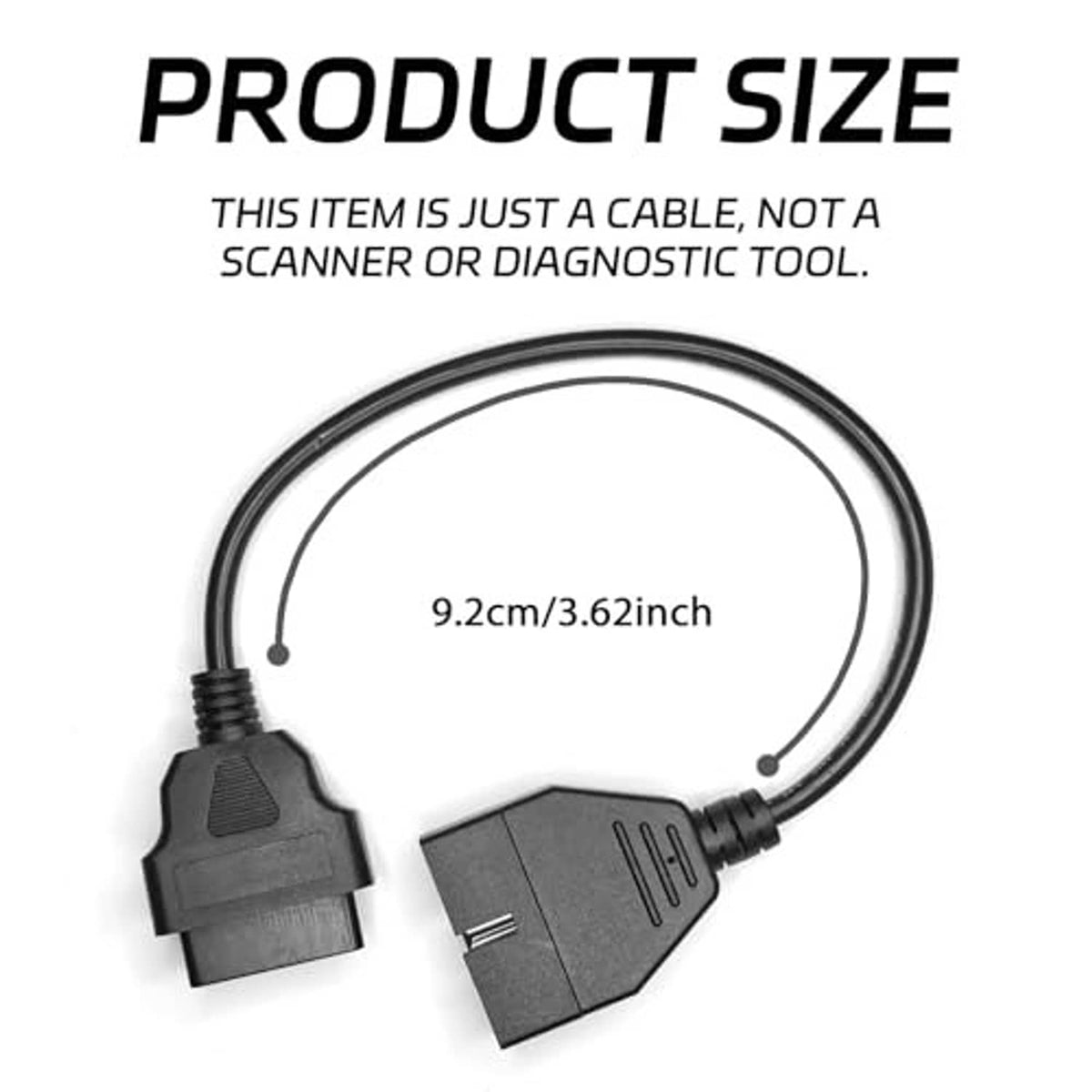 OBD adapter cable with compact black connectors on both ends and flexible cord