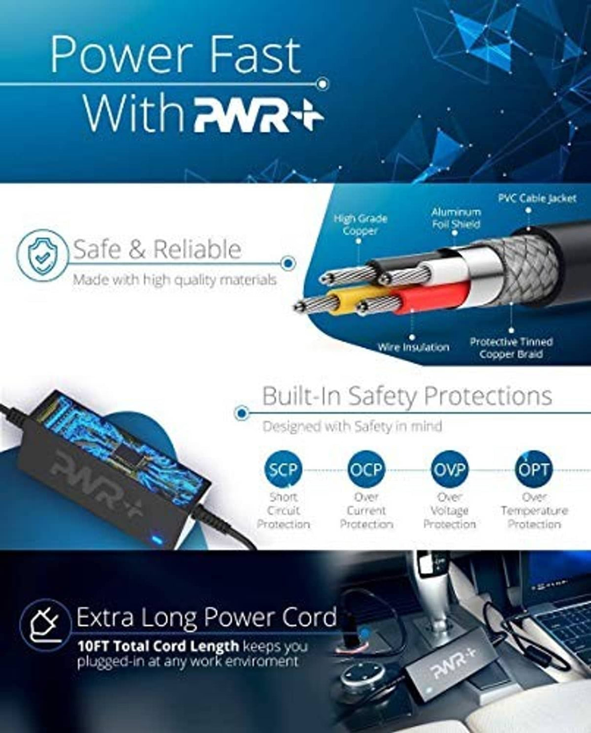 Car charger PWR+ Power Fast safety features graphic with insulated wire diagram