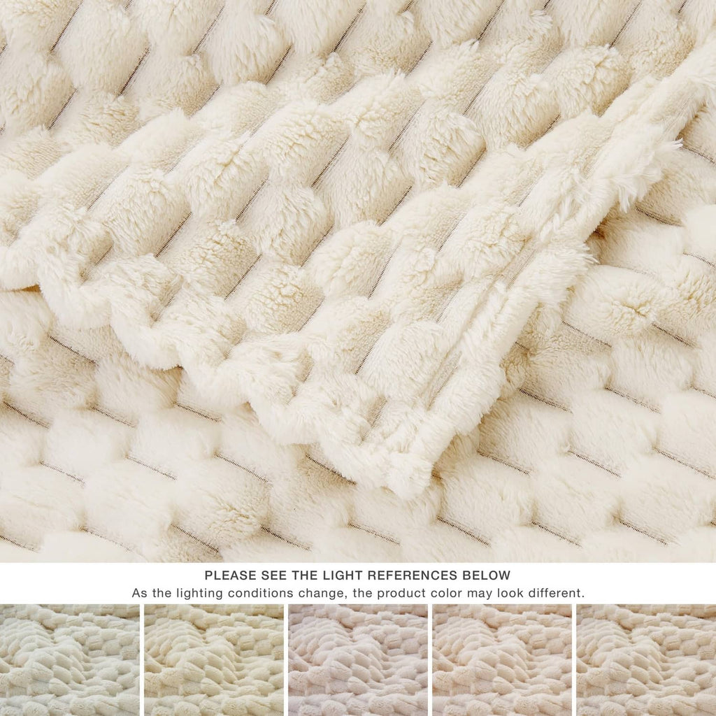 Cream fleece throw blanket detail with dense 3D pile and raised pattern