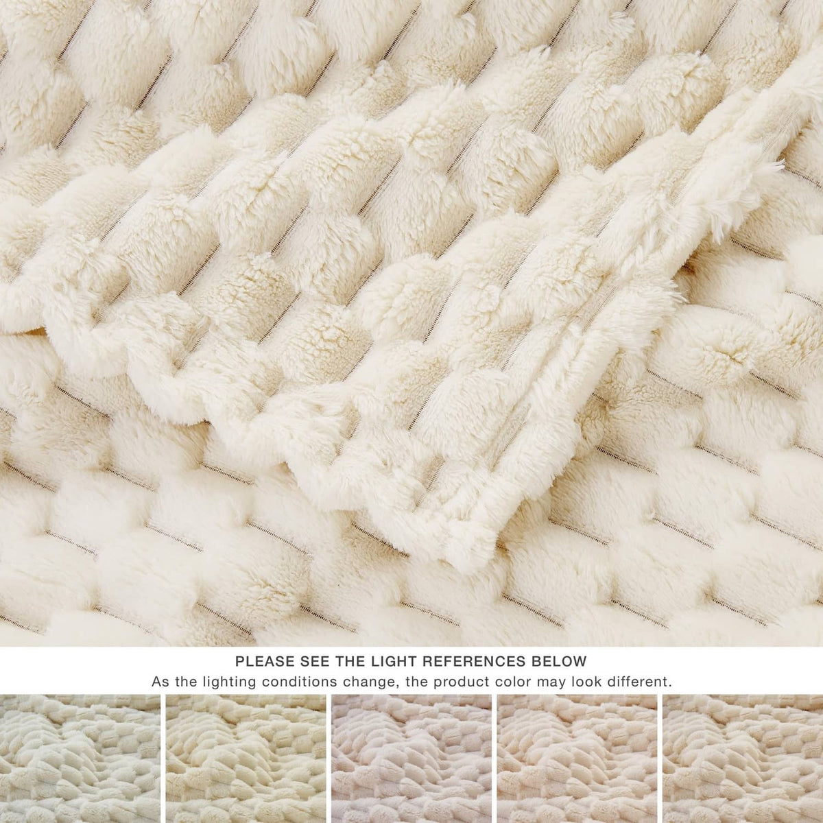 Cream fleece throw blanket detail with dense 3D pile and raised pattern