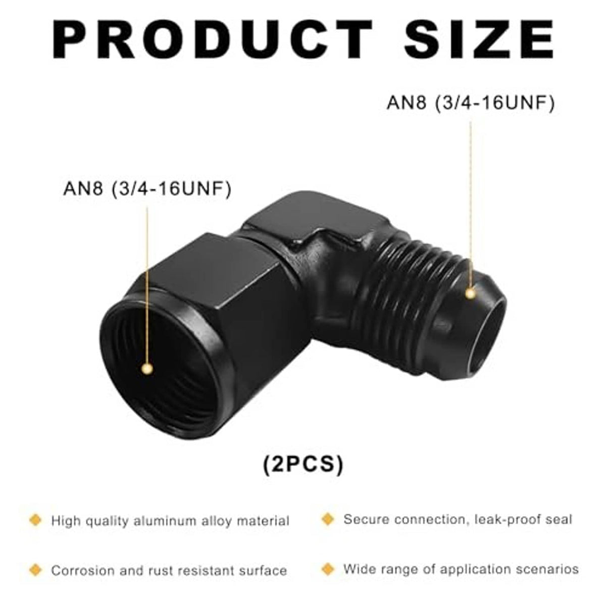 Black 90-degree swivel hose fitting adapter, AN8 size, with male threaded port (2 pcs)