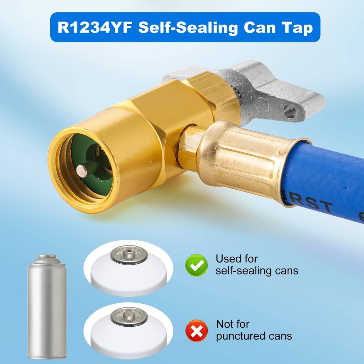 Self-sealing can tap with brass fitting and blue charging hose, R1234YF