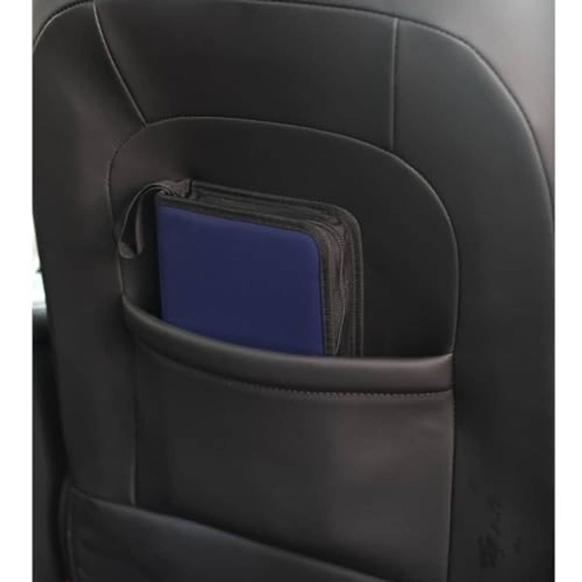 Black PU leather CD/DVD case in a car seat back organizer pocket with zipper