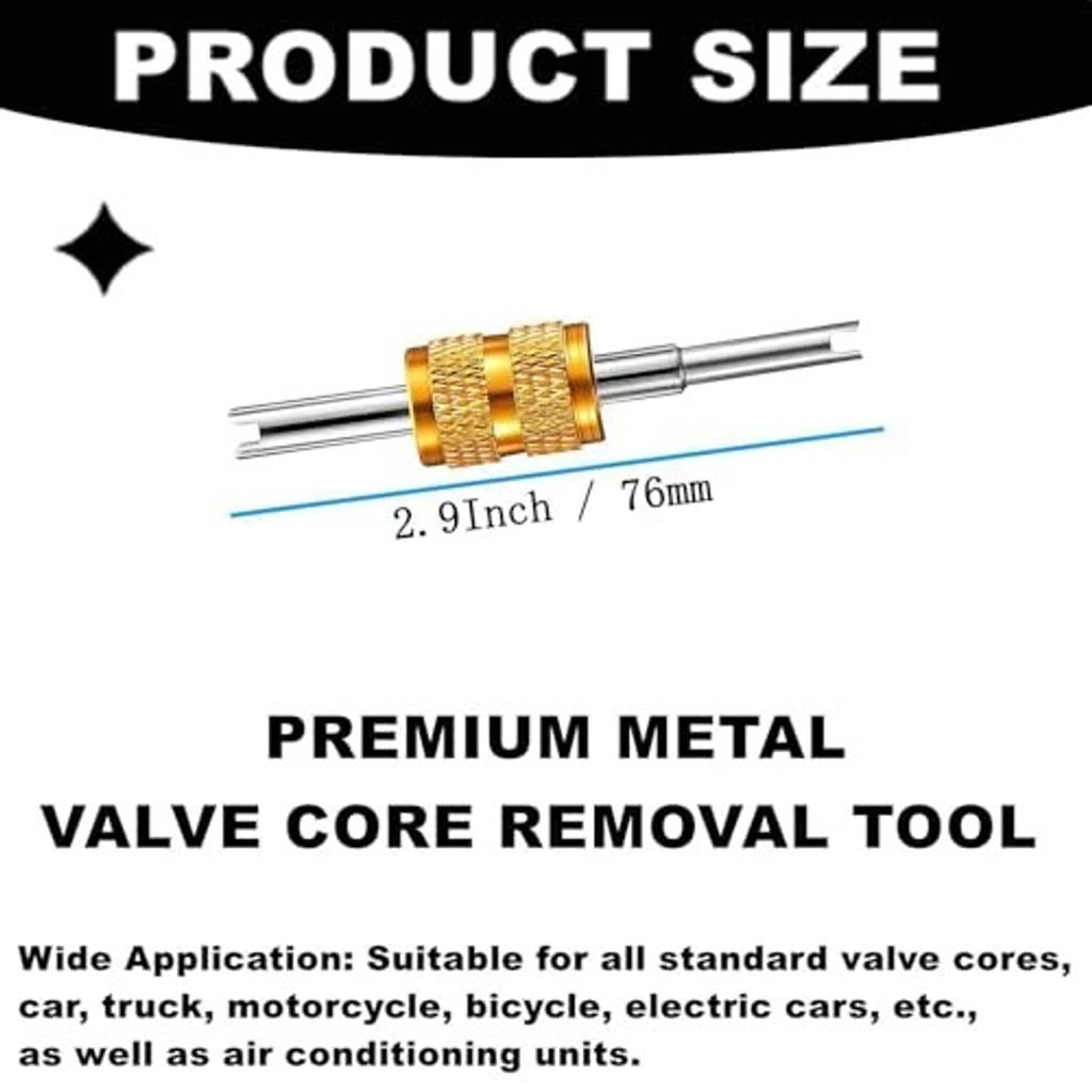 Metal valve core removal tool with length measurement graphic and sizing info