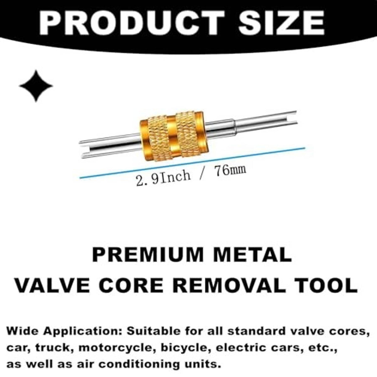 Metal valve core removal tool with length measurement graphic and sizing info
