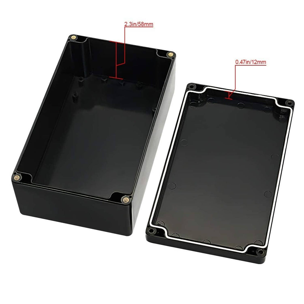 Black ABS enclosure base and cover with gasketed rim and corner mounting screws