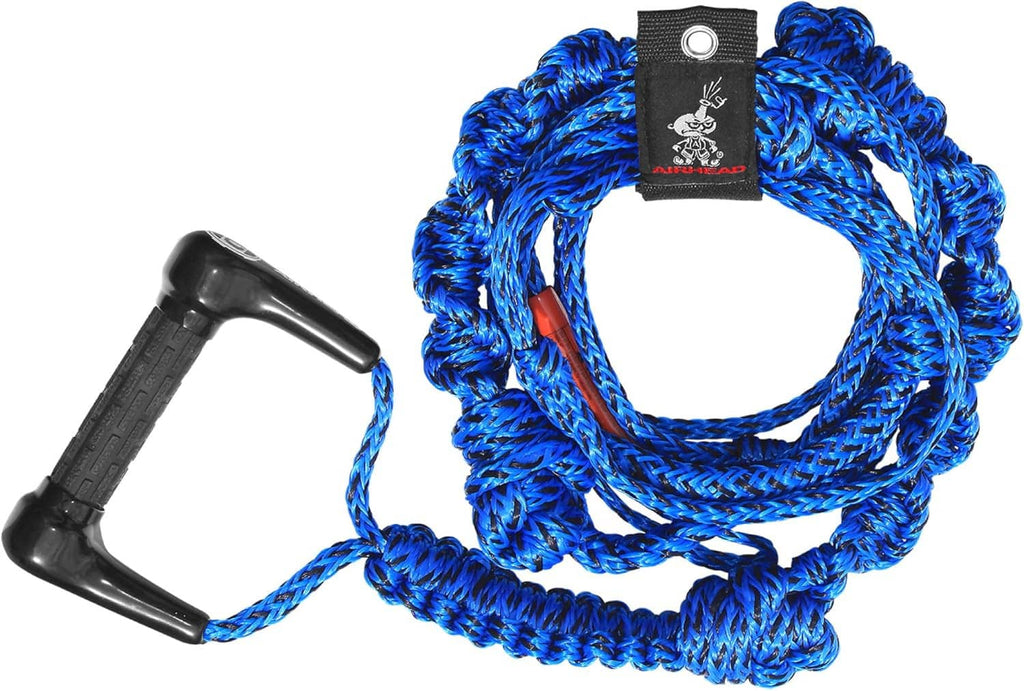 Blue braided wakesurf rope with black rubber grip handle and rope keeper tag