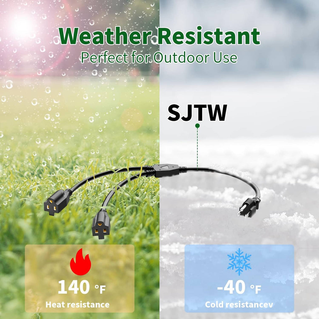 Black 3-prong Y-split power extension cord with two grounded plugs