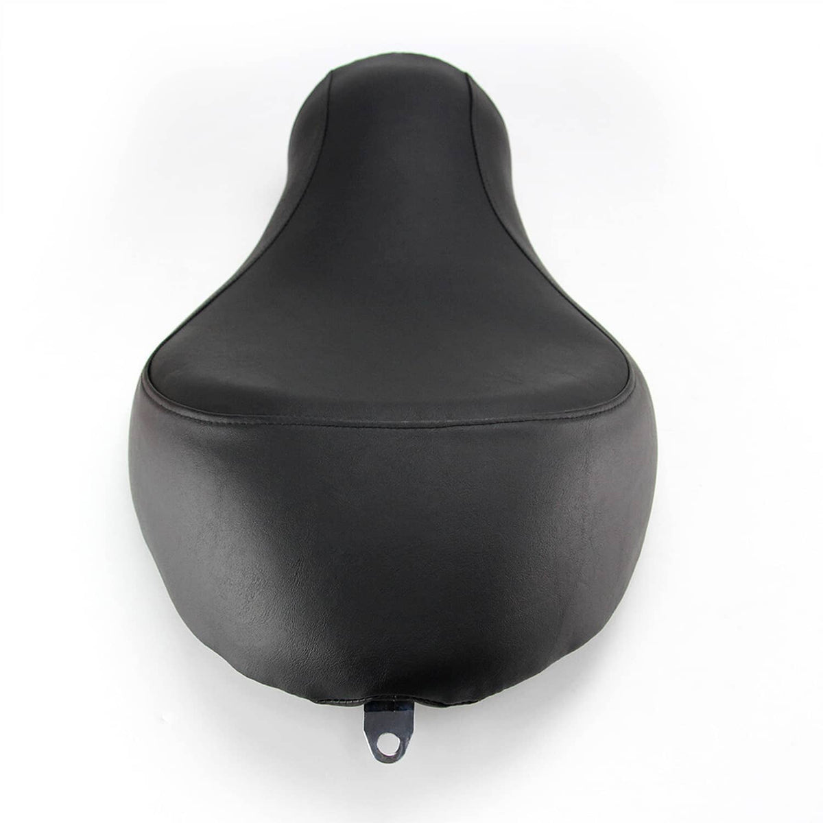 Black solo motorcycle seat with rounded rear and mounting tab on underside