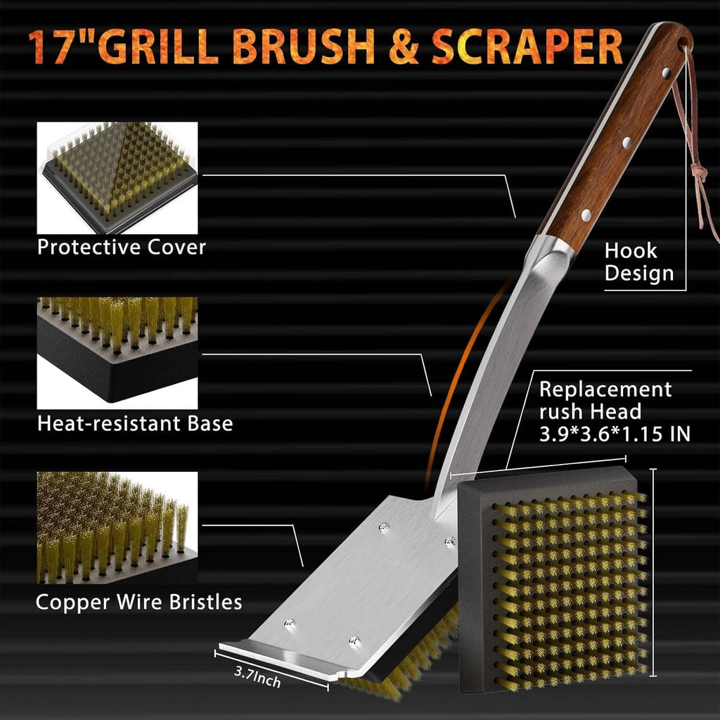 Grill brush and scraper with copper wire bristles and replaceable head