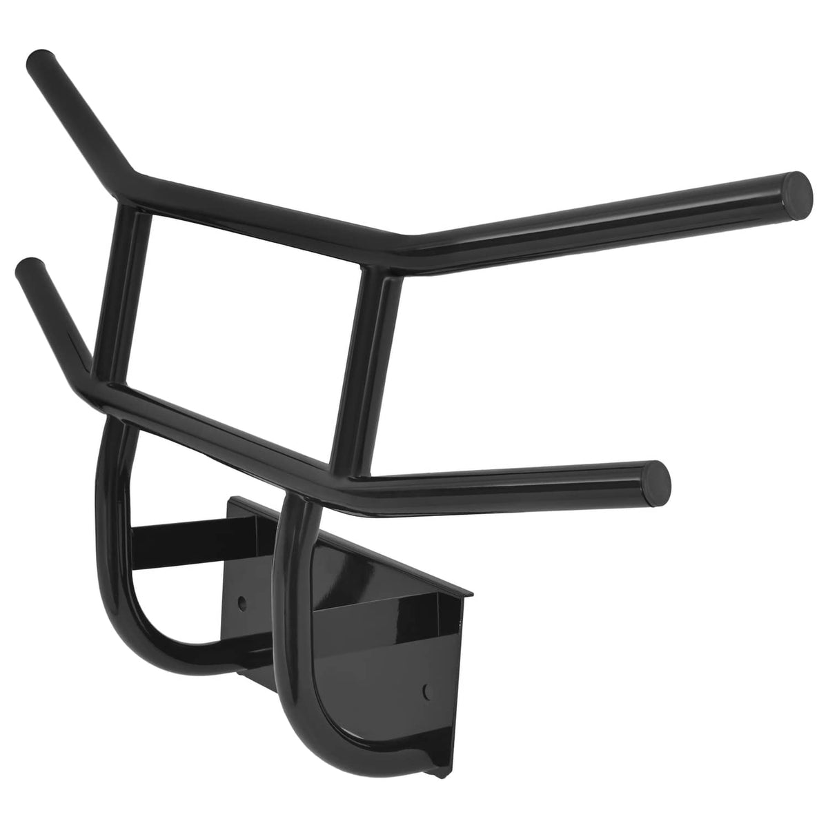Black bumper brush guard corner section with curved guard and mounting plate