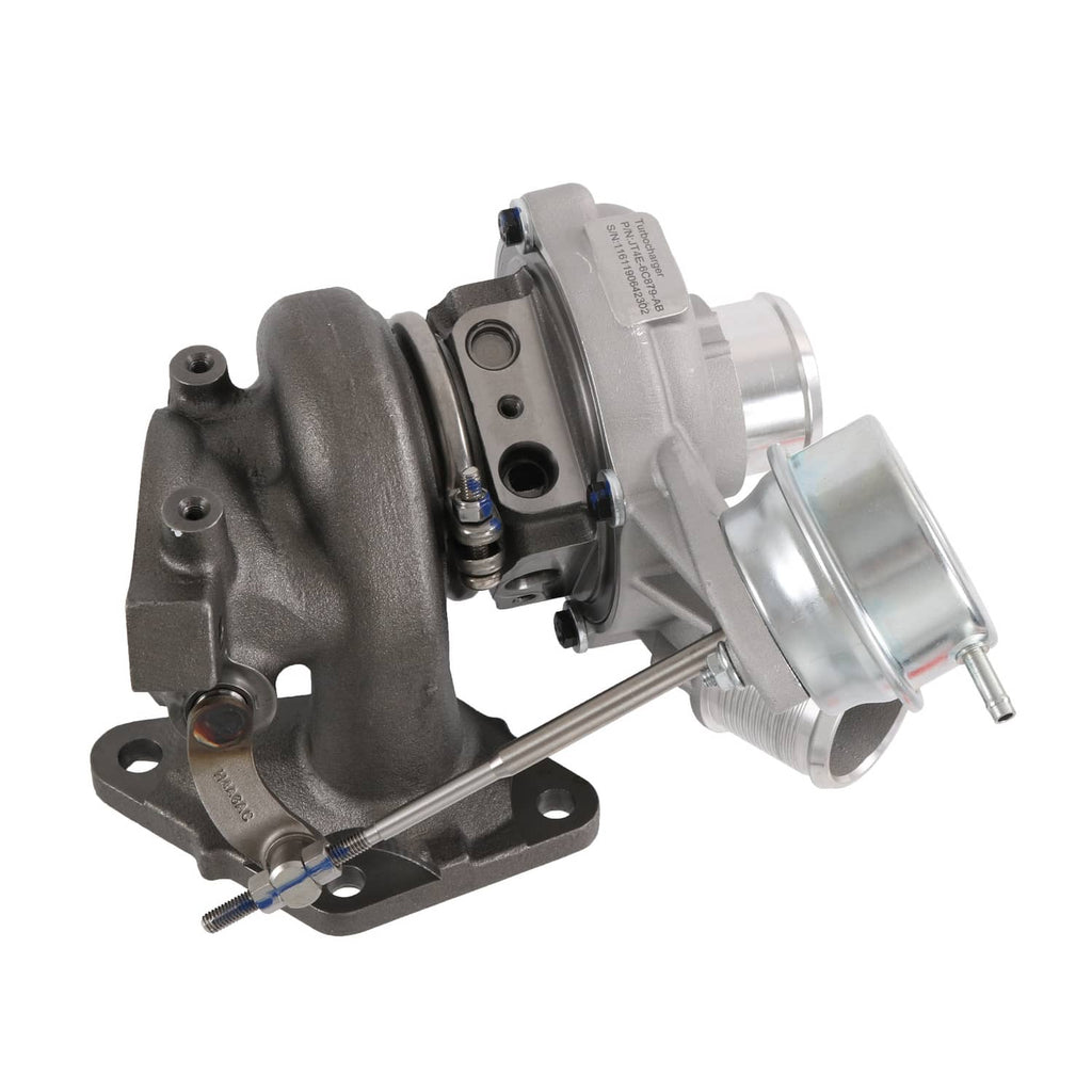 Left turbocharger with cast metal housing and silver actuator assembly