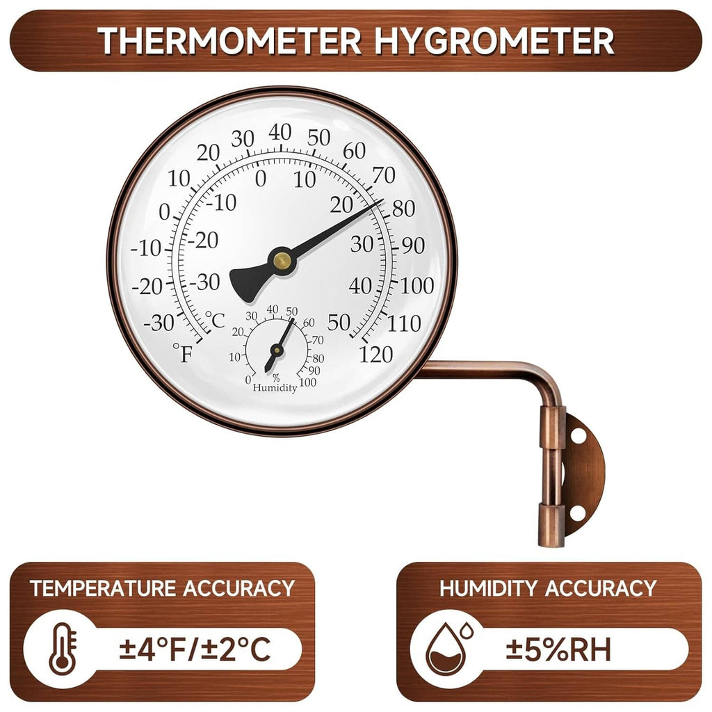 Brass swivel thermometer hygrometer with mounted frame, C/F temperature and humidity scales