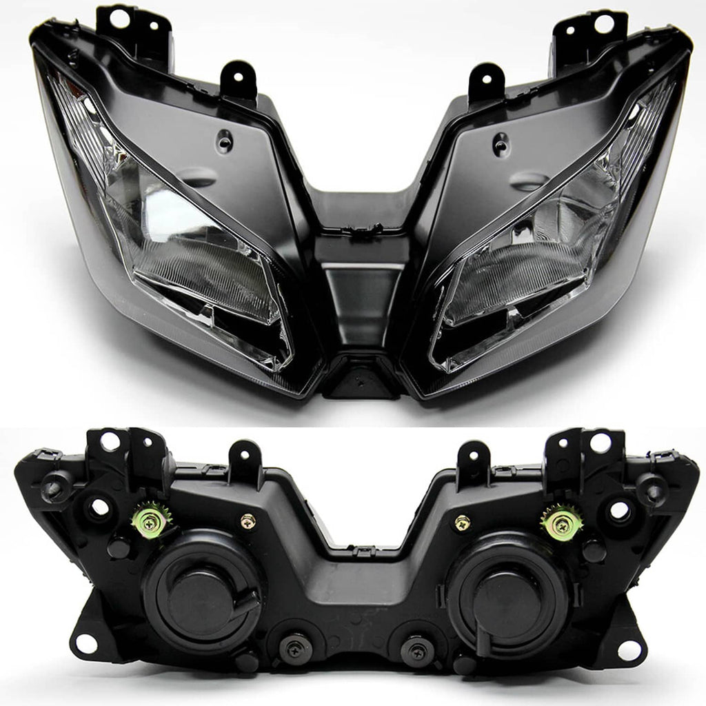 Motorcycle headlight housing back view with mounting brackets and round connectors