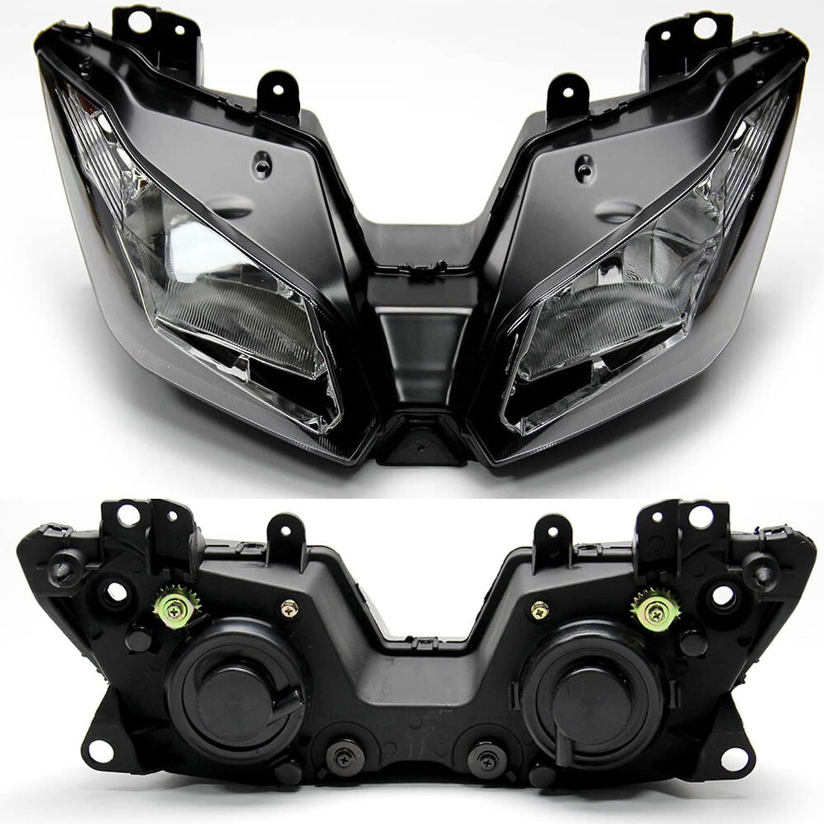 Motorcycle headlight housing back view with mounting brackets and round connectors
