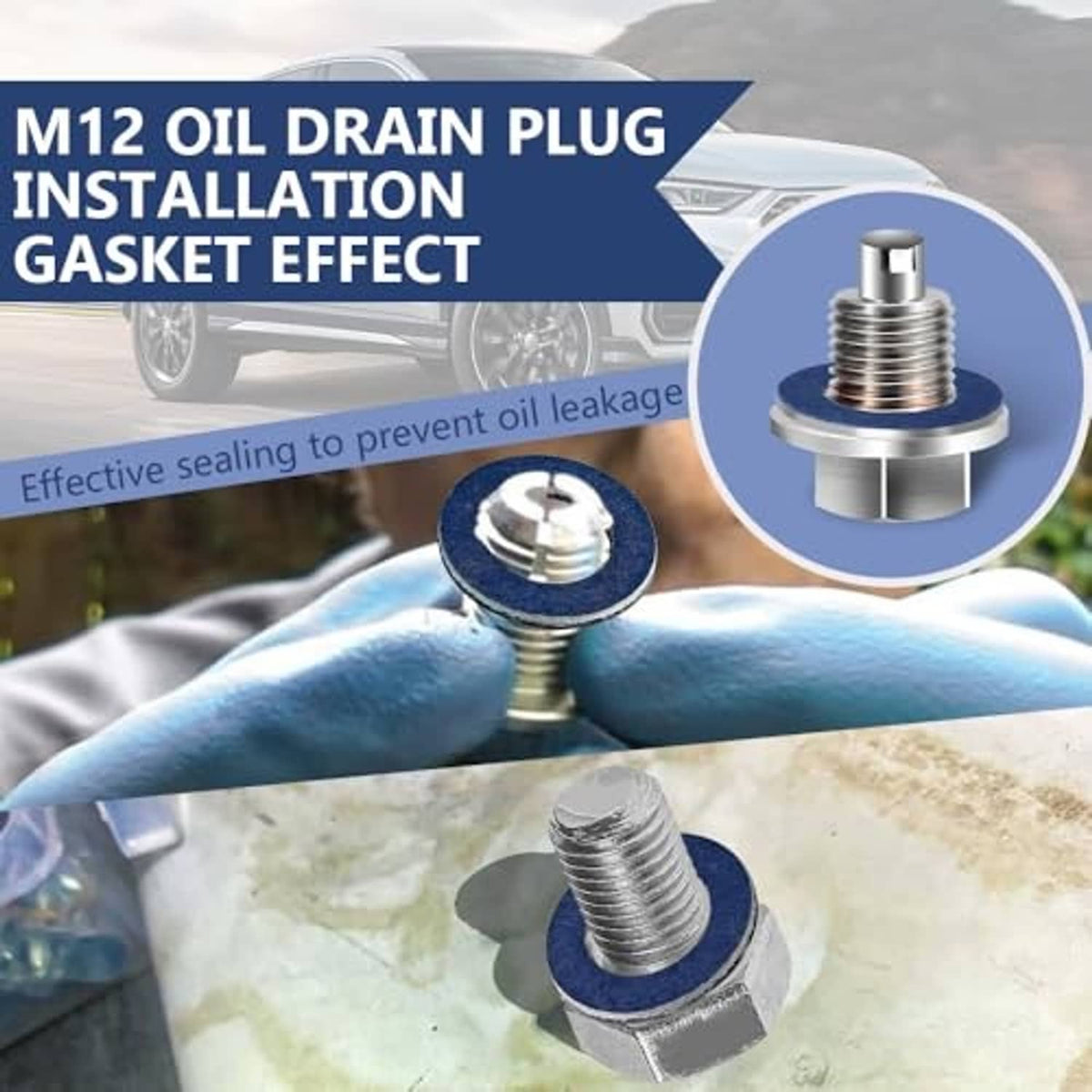 Blue M12 oil drain plug crush washer on threaded bolt head