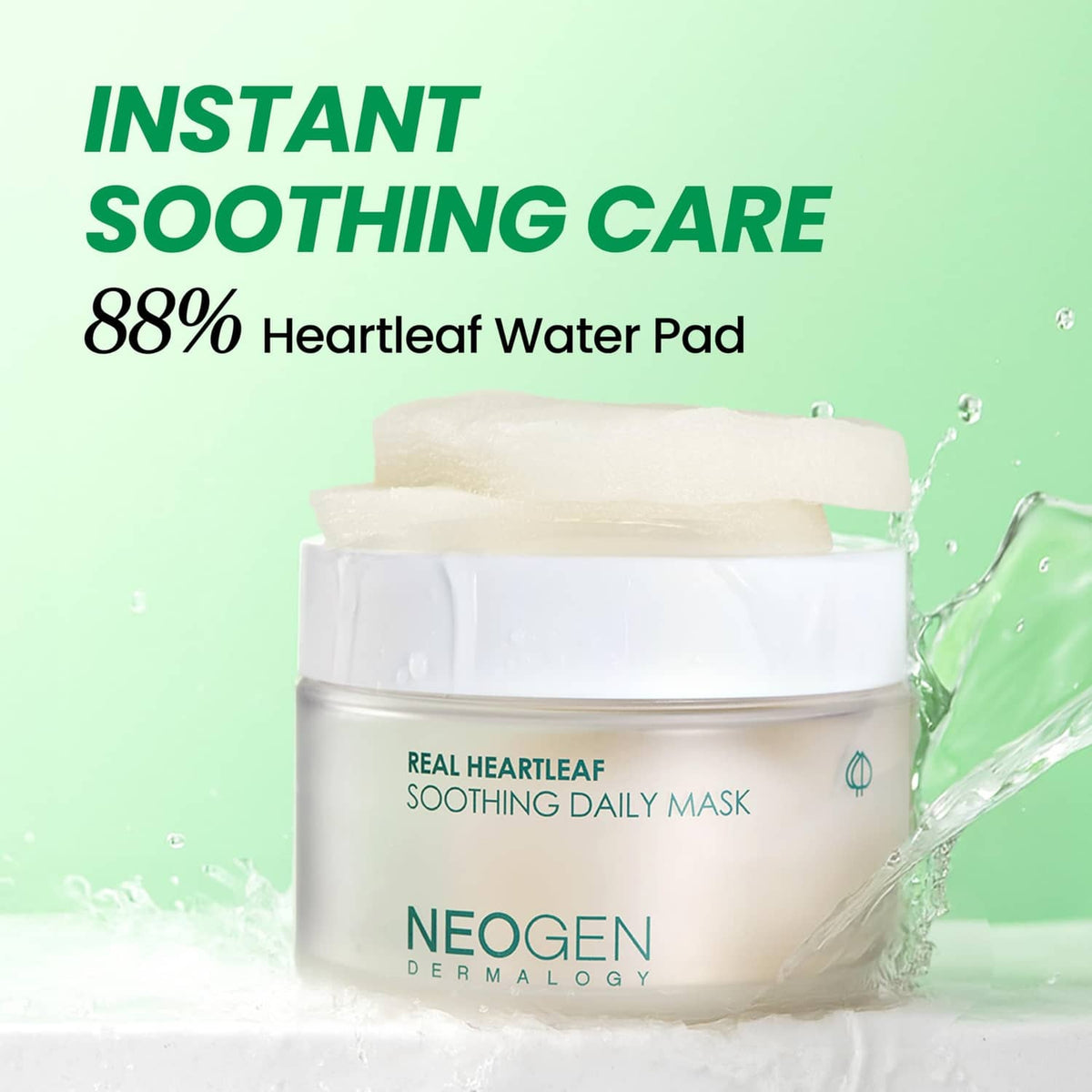 Skincare jar with heartleaf soothing daily mask pads, with water-like splash