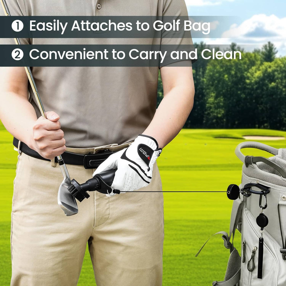 Golf club brush cleaner attached to golf bag waist belt with hanging carabiner