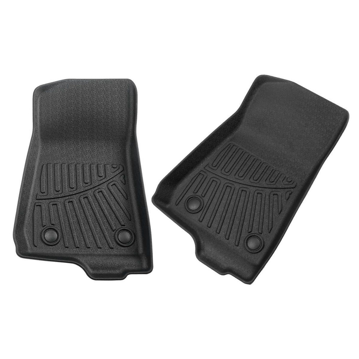 Black molded front floor liners with raised rib and circular anchor details