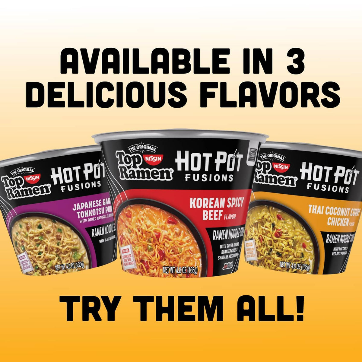 Three Hot Pot Fusions ramen cups shown in a lineup for different flavors