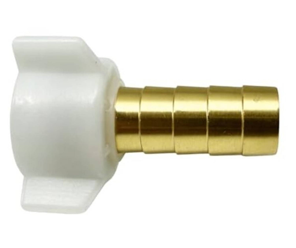 Brass 1/2 NPT swivel nut adaptor connector, white plastic head, straight view