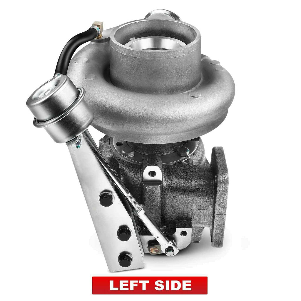 HX35W turbocharger left side view with metal support bracket and inlet connections