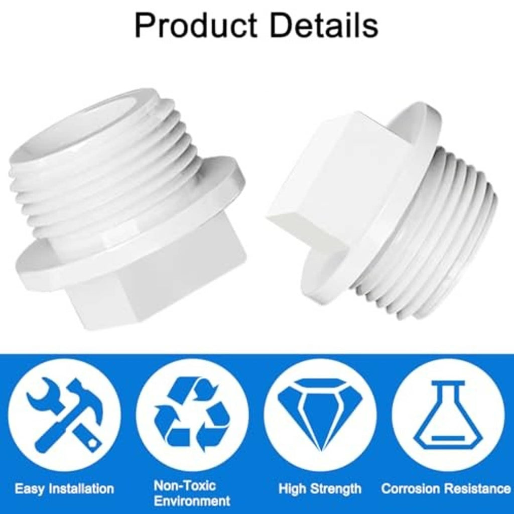 White PVC threaded pipe end cap plug details with ridged sides and socket end
