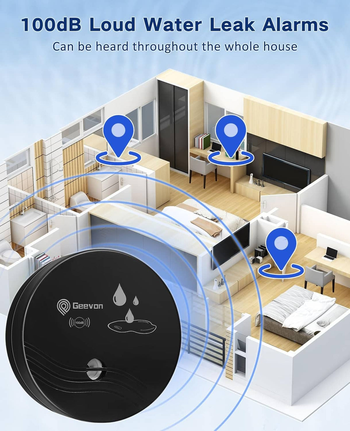 Geevon black water leak alarm sensor with blue alert wave indicators