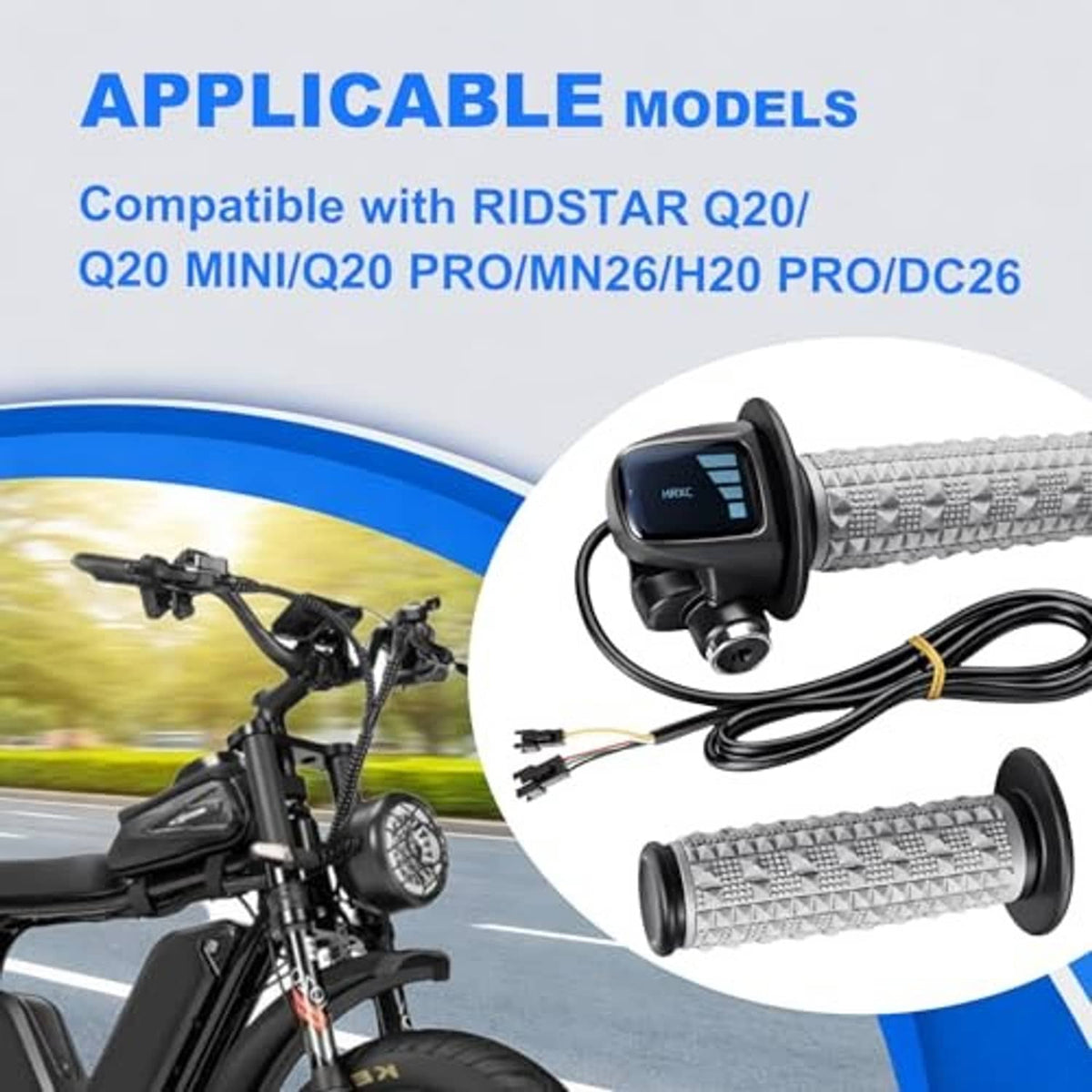 Full twist throttle kit with grey grips, black switch housing, and compatibility overview