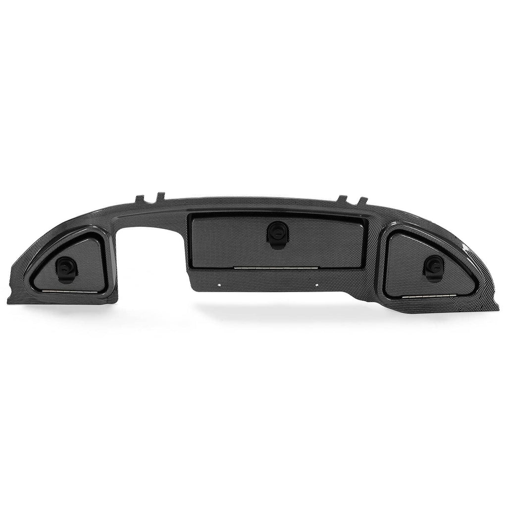Black carbon-fiber-look dash locking door with center slot and two side speaker-style grilles