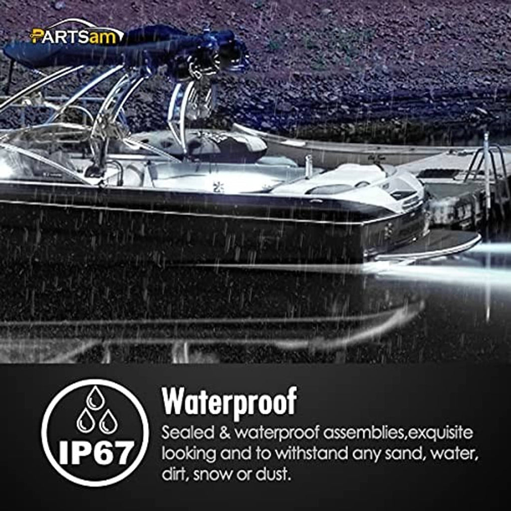 Waterproof IP67 8-inch LED utility strip light bar in use on a boat at night rain scene