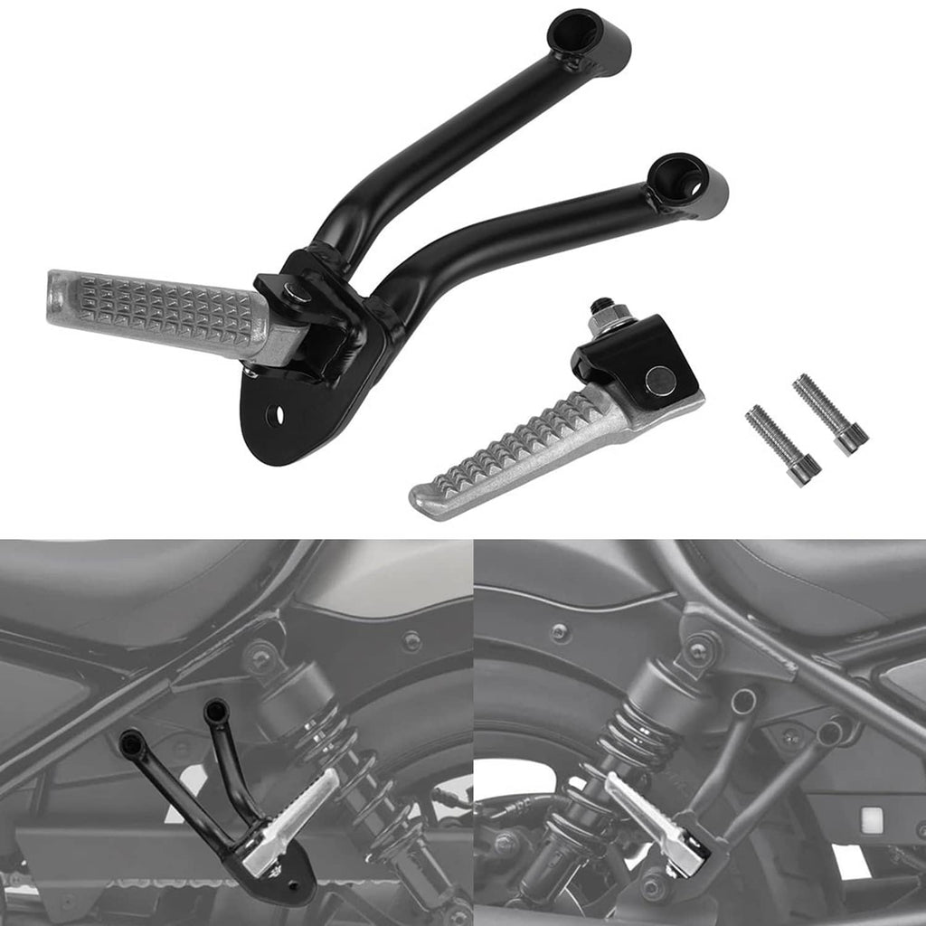 Black rear footrest brackets with textured silver footpegs and mounting hardware