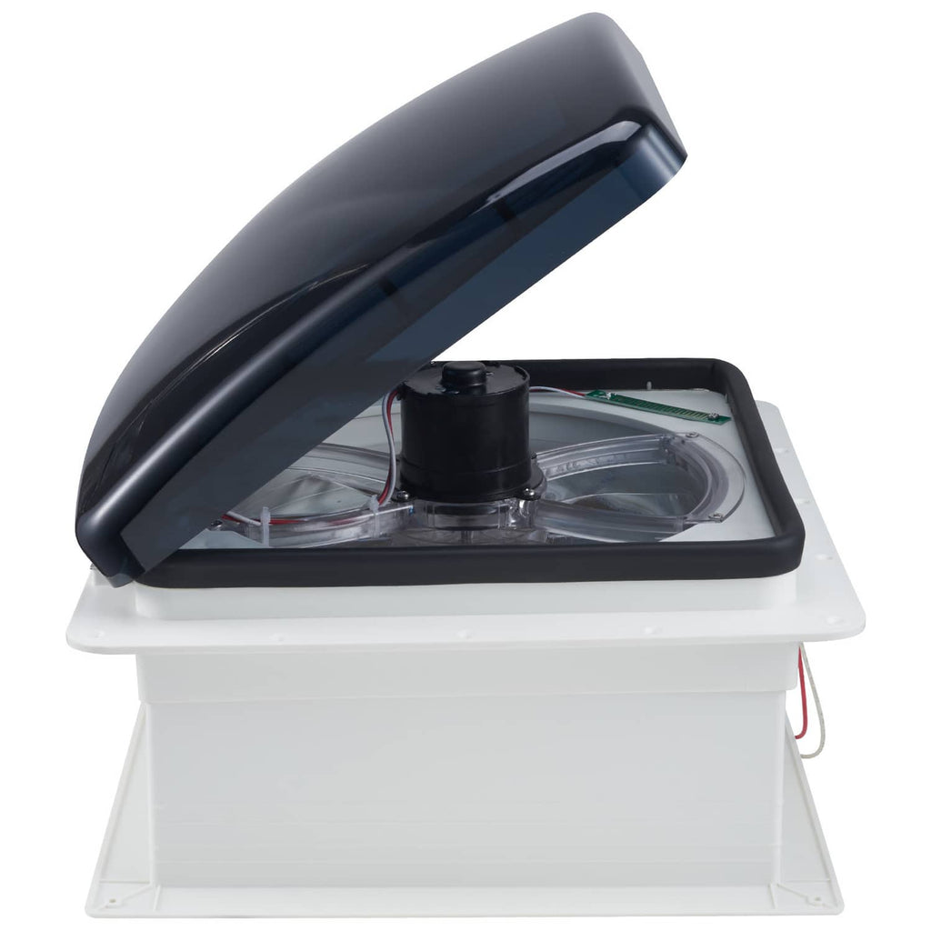 Roof vent fan with lid swung open, showing fan wheel and internal wiring