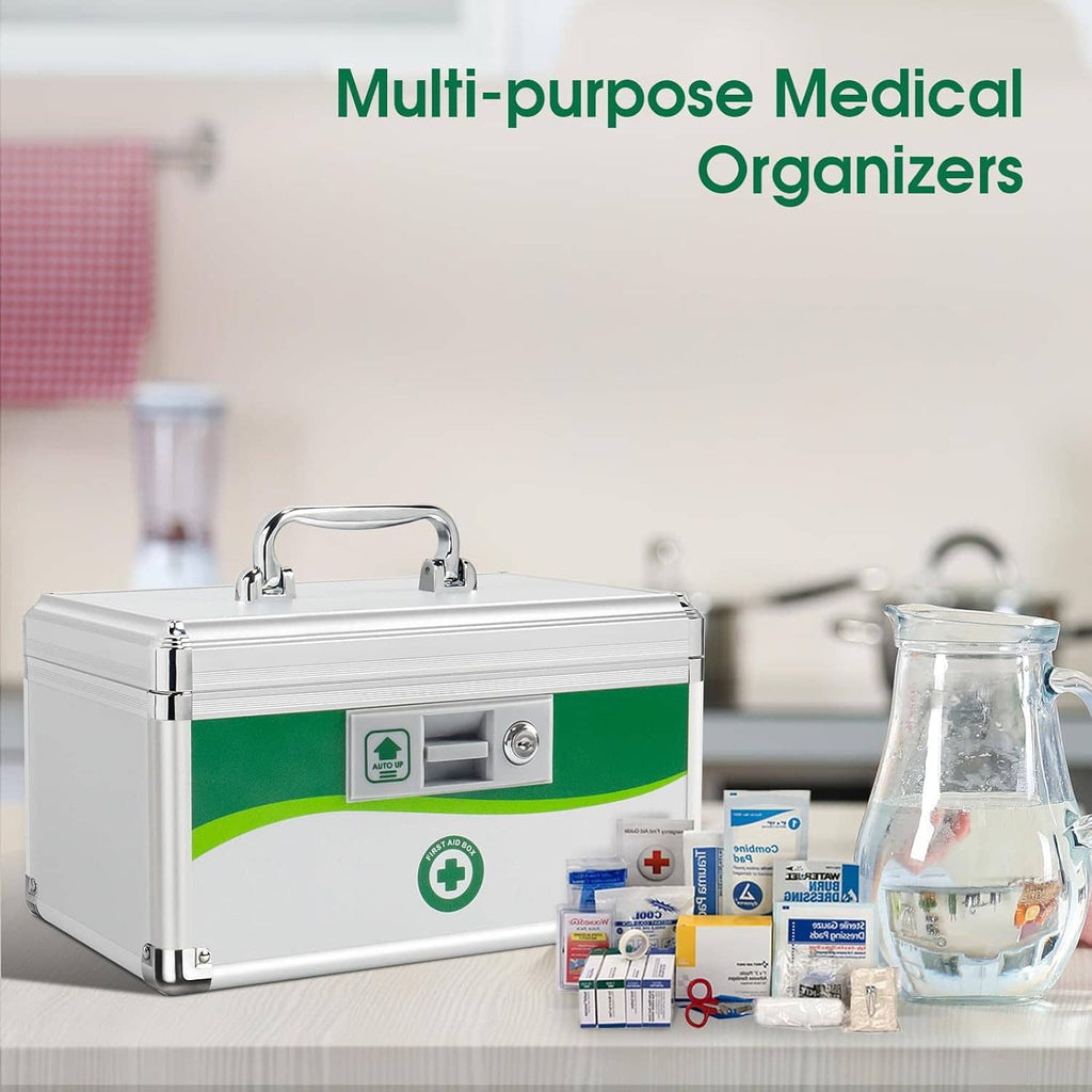 Small metal medicine lock box with chrome handle on tabletop with medicine supplies