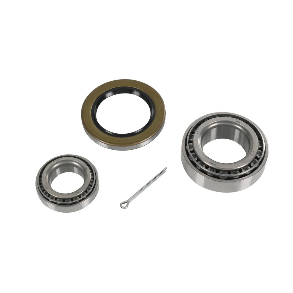 Bearing axle kit with grease seal ring, bearings, and cotter pin, arranged on a white background