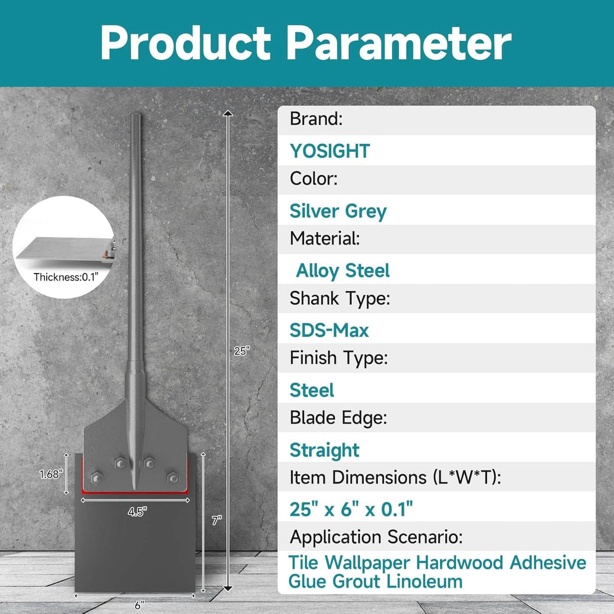 Alloy steel floor scraper chisel bit with wide blade and SDS-Max shank, with dimensions