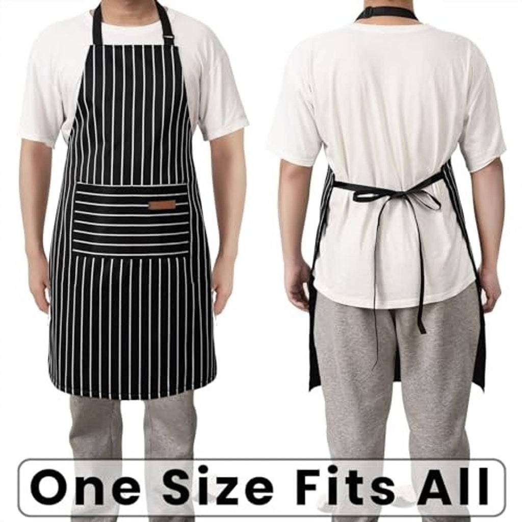 Chef bib apron with black and white stripes, two front pockets, and back waist tie