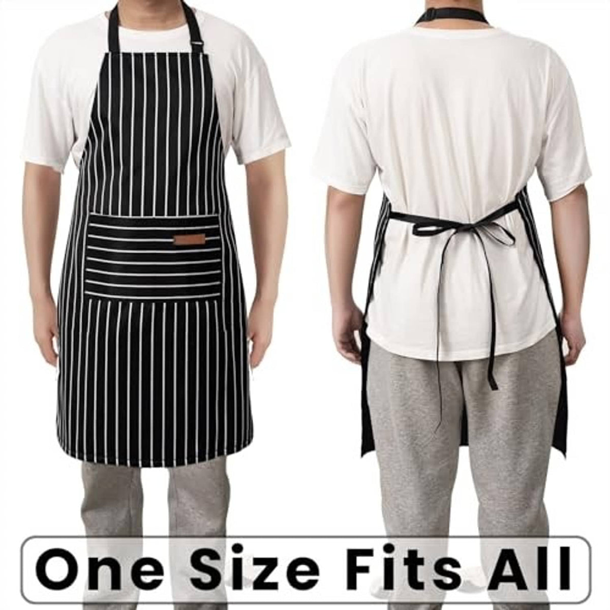 Chef bib apron with black and white stripes, two front pockets, and back waist tie