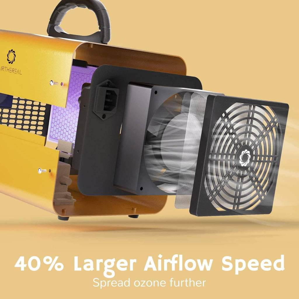 Yellow ozone generator with side panel open showing internal components and fan