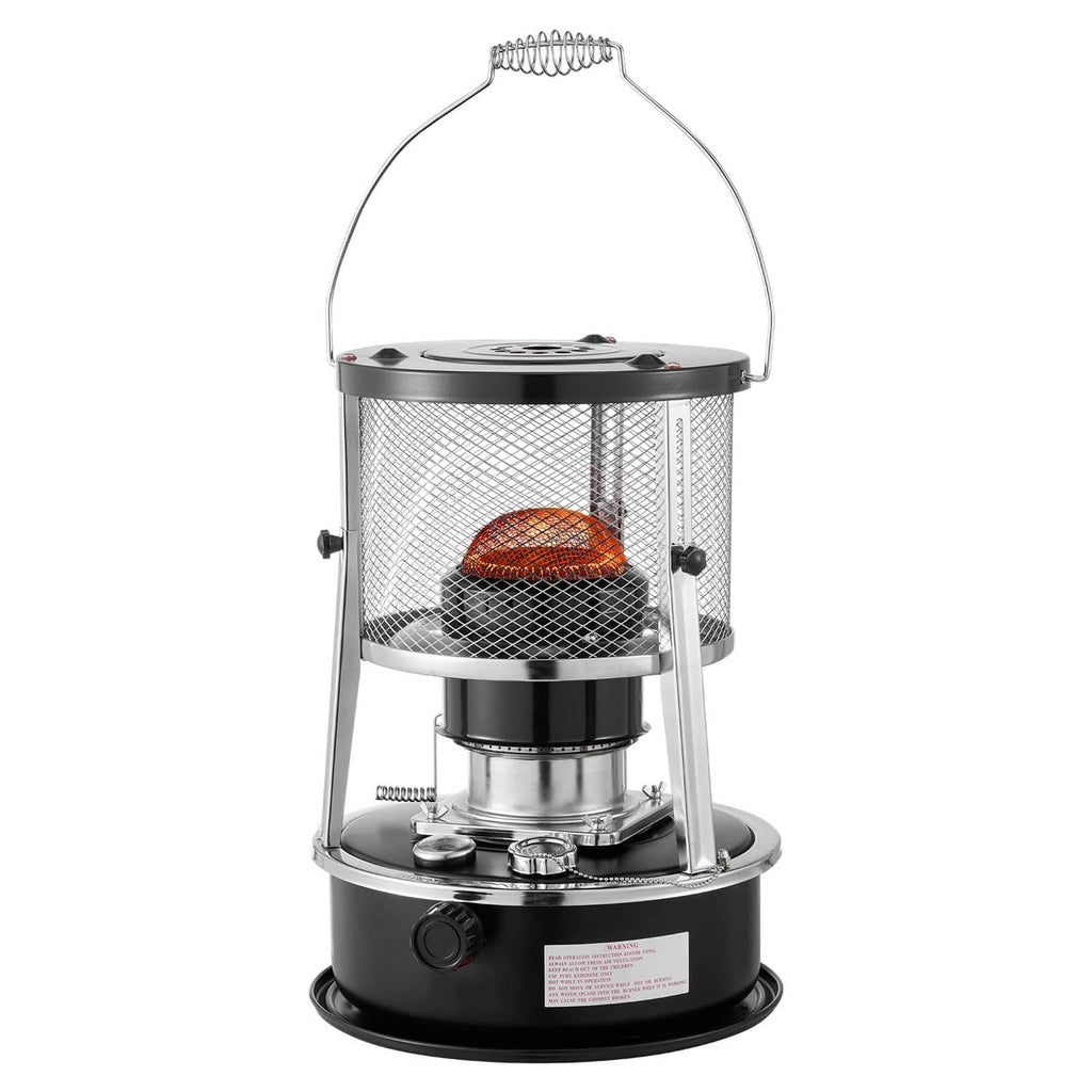 Portable kerosene heater stove with glowing burner inside mesh screen and black base