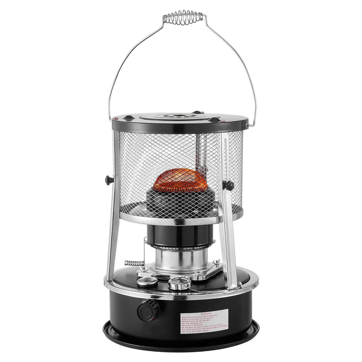 Portable kerosene heater stove with glowing burner inside mesh screen and black base