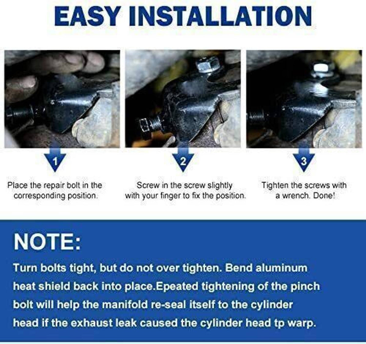 Exhaust manifold repair bolt installation steps showing tightened screws with wrench